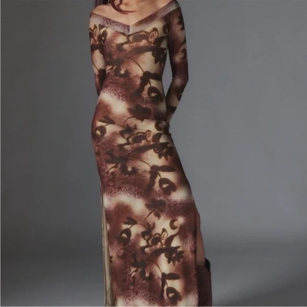 silence + noise Brown Floral Off-Shoulder Mesh Maxi Dress